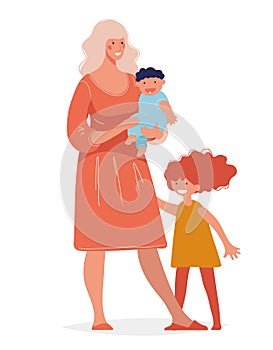 Young beautiful woman with two children. Concept of motherhood, parenthood, family, single mother, happy childhood. Mom