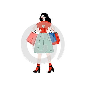 Young Beautiful Woman Walking with Shopping Bags, Brunette Girl Purchasing at Store, Mall or Shop Vector Illustration