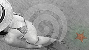 Young beautiful woman watching a starfish in the water of Playa Estrella in Colon Island, Bocas del Toro, Panama