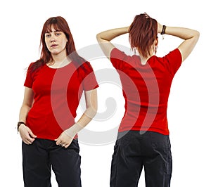 Young beautiful woman wearing blank red shirt