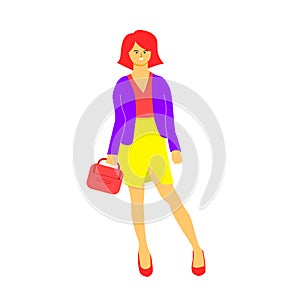 Young beautiful woman wearing colorful office clothes and hold messager bag. Flat vector design character illustration with white photo