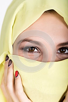 Young beautiful woman wearing hijab, stylish female portrait.