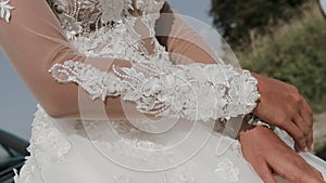 Young Beautiful Woman In Wedding Dress Posing Near Vintage Car.