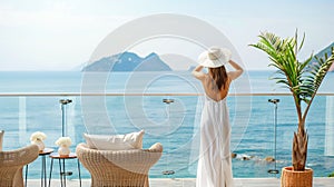 Young beautiful woman in white summer dress and straw hat standing on a terrace looking at the sea. Relaxing atmosphere