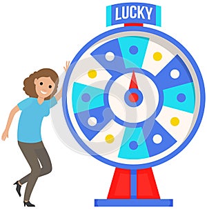 Young beautiful women dancing and celebrating victory. Spinning wheel of fortune to win jackpot