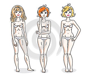 Young beautiful women standing in white underwear. Vector set of
