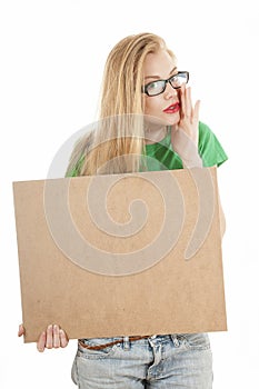 Young beauty girl holding empty wooden notice board and wearing