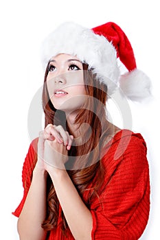 Young Beauty Girl wish with christmas hat