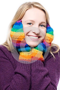 Young beauty laugh woman in colorful gloves