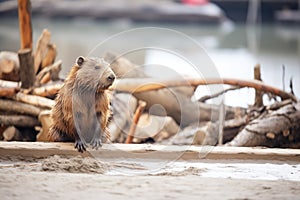 young beaver beside dam construction