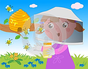 Young beekeeper and beehive vector illustration