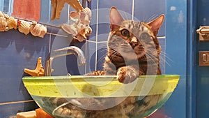 Young bengal cat sitting in the glass slink. Funny background