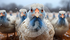 Young bird with yellow feathers looking at camera in snowy field generated by AI