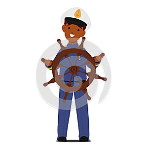 Young Black Boy Character, Adorned In Blue Captain Costume, Confidently Steers The Ship Helm With A Gleam Of Adventure