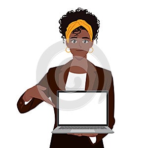 Young black businesswoman showing a blank screen laptop and pointing finger