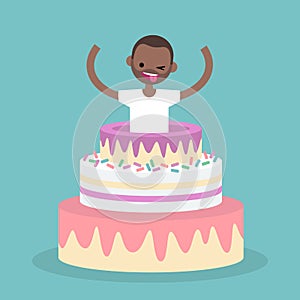 Young black character jumping out of a cake / flat editable vector illustration, clip art