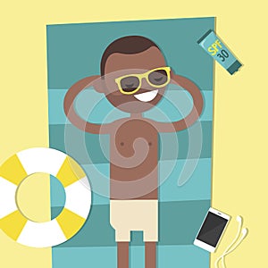 Young black character lying on the beach. Top view / flat editable vector illustration, clip art