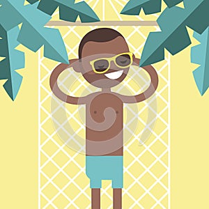 Young black character lying in a hammock under the palm trees. T