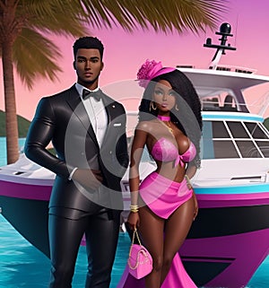 young black couple in front of a yacht