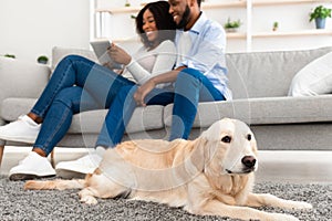 Young black couple at home with tablet and labrador