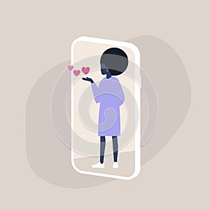 Young black female character blowing kisses on a smartphone screen, millennial lifestyle