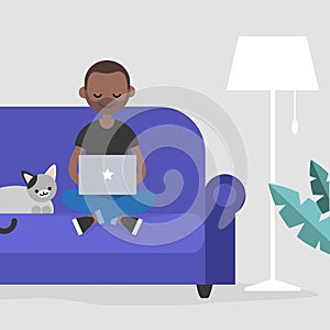 Young black freelancer working at home / flat editable vector il
