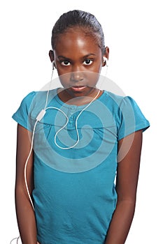 Young black girl with earphones listens to music