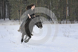 Young black haired woman on top a bay horse in winter forest