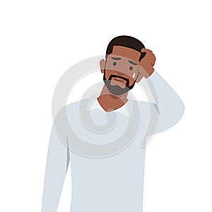 Young black man Disappointed man with facepalm gesture, feeling shame. Person with hand at forehead regret fail