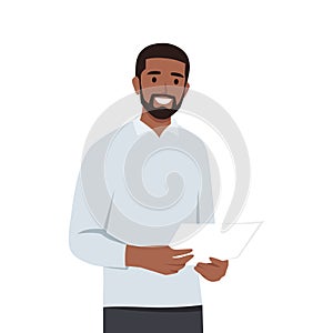 Young black man holding paper document on his hand