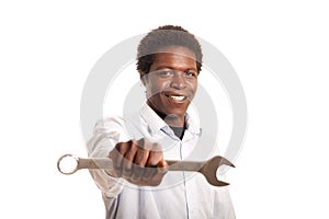Young black man holding wrench
