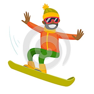 Young black man riding a snowboard.