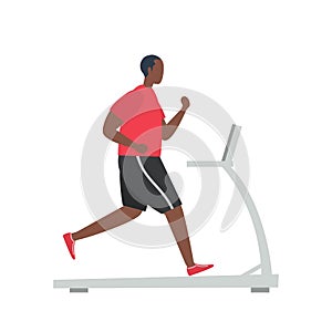 Young black man in a sporty uniform is running on a treadmill