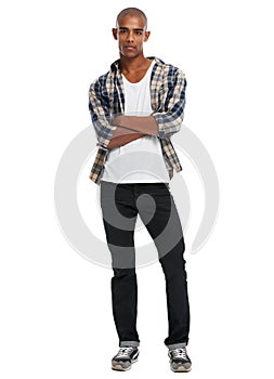 Young black man, studio portrait and arms crossed with confidence, attitude and style from Atlanta. Cool guy, fashion