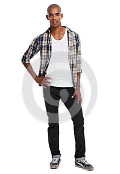 Young black man, studio portrait and style with confidence, attitude and lifestyle in Atlanta. Cool guy, fashion model