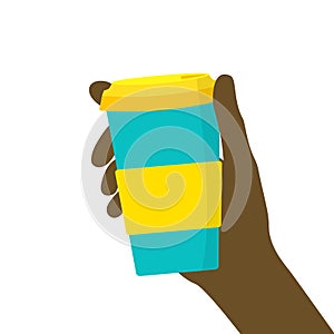 Young Black man woman hand holding reusable travel coffee cup mug of turquoise color with yellow lid non slip sleeve