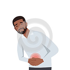 Young black unhealthy man suffer from stomach ache or gastritis photo
