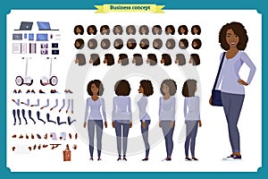 Young Black woman, casual clothes. Character creation set. Full length, different views, emotions, gestures, isolated