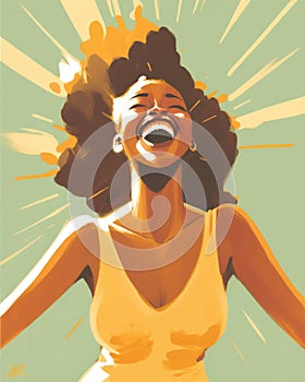A young black woman closing her eyes and throwing her head back with her hands in the air laughing in delight as the sun
