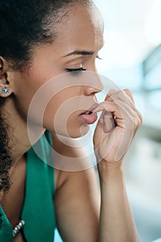 Young Black Woman Feeling Anxious And Biting Nails