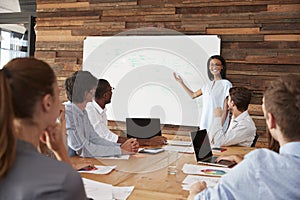 Young black woman giving business presentation at whiteboard photo