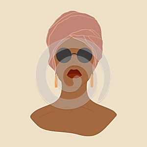 Young black woman in a turban and glasses square illustration. photo
