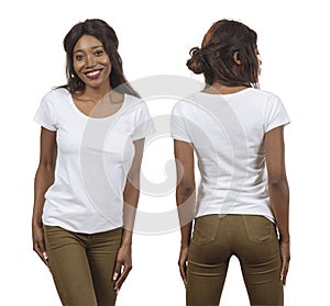 Young black woman wearing blank white shirt