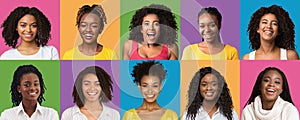 Young black women smiling over studio backgrounds, set of portraits