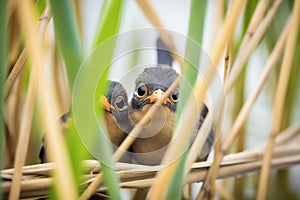 young blackbirds hiding among dense reeds