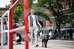 Young blind man with white cane and guide dog walking on pavement in city.