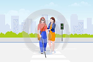 Young blind woman crosses street road with guide dog. Vector illustration. Pets assistance concept