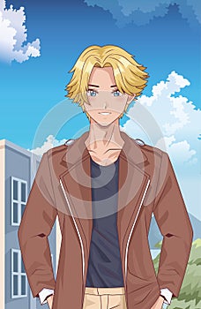 Young blond boy hentai style character outdoor scene