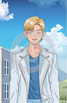 Young blond boy hentai style character outdoor scene