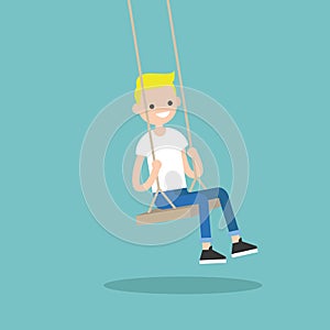 Young blond boy sitting on the swing / flat illu